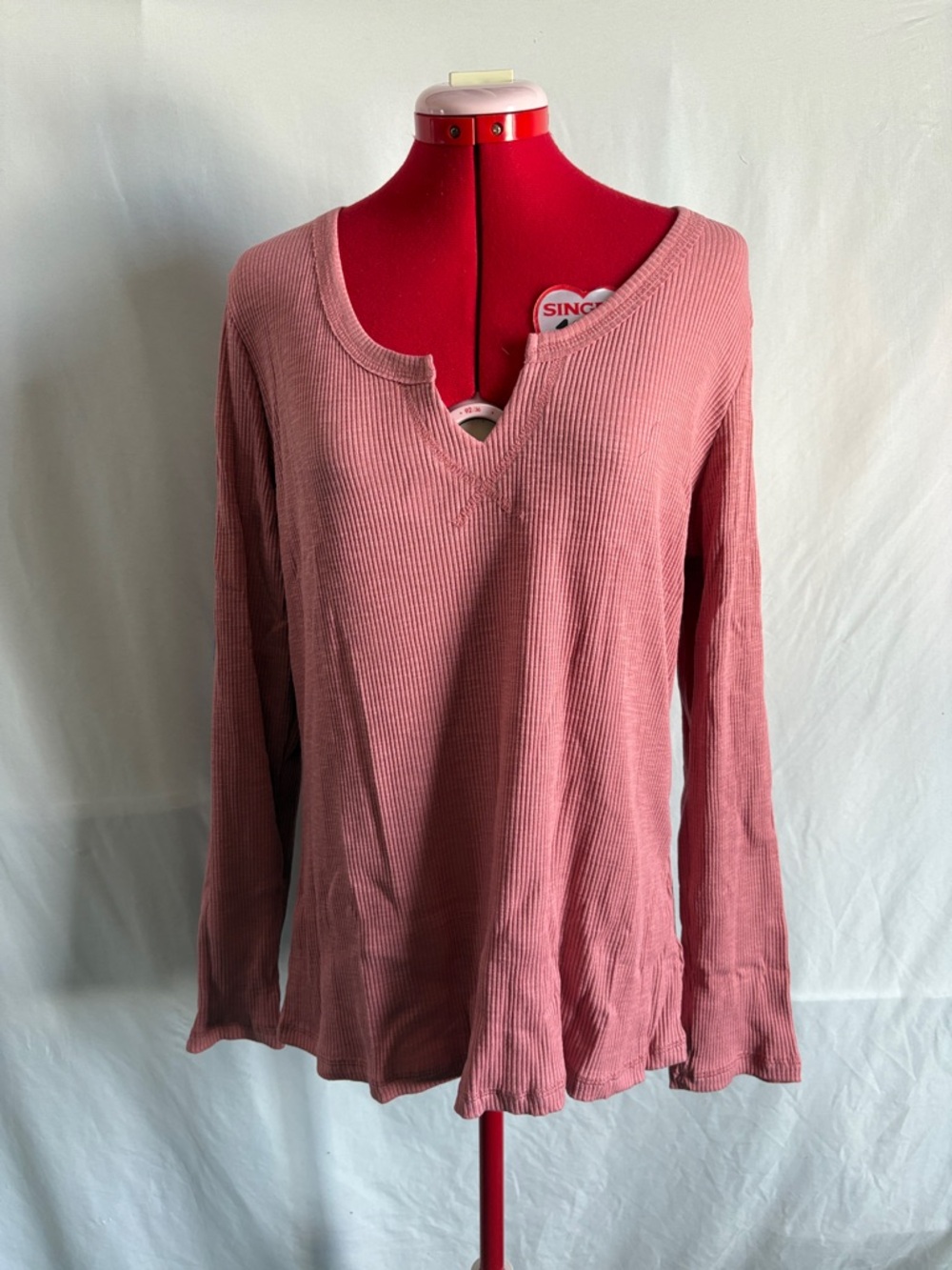 Women's Ribbed Notch-Neck Long Sleeve Top - Dusty Rose